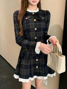 DAZY 女士优雅风格图案拼接荷叶边泡泡袖假口袋短连衣裙，秋季