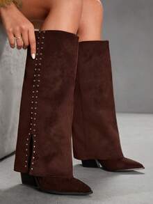 CUCCOO SZL Botas femininas de cano alto com bico fino e tachas - Ferrugem Marrom - Ver 2