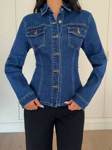 Siren Gaze Blue Fitted Denim Jacket, Slimming And Stylish, Retro Collared Long-Sleeved Top Winter - Dark Wash - View 5