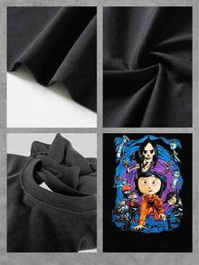 Camiseta gráfica de moda para mujer, estampado único de dibujos animados coloridos, manga corta, camiseta informal de verano, suave y cómoda. - Negro - Ver 4