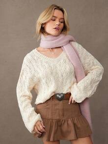 WESTFADE Mixed Stitch V Neck Relaxed Fit Long Sleeve Cable Knit Sweater Fall, Autumn, Winter, Holiday, Christmas, Flannel, New Years Eve, NYE - Apricot - View 3