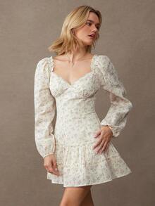 WESTFADE Floral Embroidered V Neck Bow Front Long Sleeve Tiered Ruffle Mini Dress Holiday, Christmas, New Years Eve Outfit, NYE, Fall, Autumn, Winter, Boho, Casual, Cute, Western Wear - White - View 5