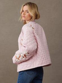 WESTFADE Open Front Floral Embroidered Long Sleeve Boxy Quilted Jacket Fall, Autumn, Winter, Christmas, Holiday, NYE, New Years, Boho, Casual - Pink - View 5