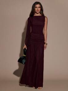 SHEIN BAE Women's Solid Color Pleated Asymmetric Collar Elegant Dress,Spring, Summer Dress,Spring Outfit Women ,Summer Outfit For Women, Valentine's Day,Valentine Outfits For Women ,Elegant ,Vacation Outfits Women ,Summer Holiday Outfits ,Casual,Beach Outfit For Women,Burgundy Dress , - Purple - View 3