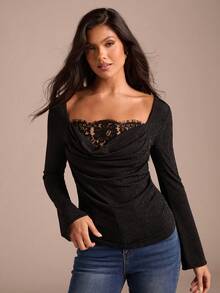 Enchnt Spring Romantic Women's Elegant Fashionable Black Ruffle Collar Lace Patchwork Long Sleeve Blouse, Date&Office&Going Out&Daily Commuting,Black Blouse,Spring Clothes, Black Top - Black - View 6