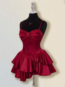 SHEIN ICON 提花面料不对称下摆迷你连衣裙，宫廷风格 - 酒紅色 - 查看 3