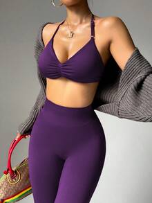 Dewbera Women's Solid Color Halter Top And Pants Sports Suit
