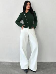 Firerie Pull à manches longues pour femmes avec col en V profond, boutons métalliques et motif floral. Tricot pour les déplacements quotidiens. Nouvelle arrivée pour le printemps, l'automne et l'hiver - Vert sapin - Voir 8