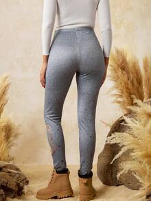 Boho Mama 可调节腰围卡通猫印花休闲打底裤，波西米亚风孕妇紧身裤，灰色保暖内衬打底裤，女士孕妇打底裤。 - 灰色 - 查看 2