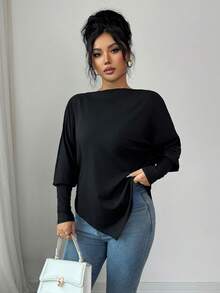 SHEIN Elenzya 女士优雅纯色弹力露肩宽松针织T恤，蝙蝠袖设计，秋冬款 - 黑色 - 查看 7