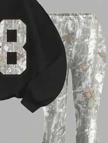 SHEIN Leap Crew Tween Girls Autumn Camouflage Tree Branch & Leaf, Sports Numeric 98 Print, Retro Sweet American Campus Style - Multicolor - View 4