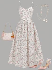 Girlism Teenager Mädchen Kleid mit Ditsy Blumen Muster, Spaghettiträger, knielang, frisches Pink - Verschiedenfarbig - Übersicht 1