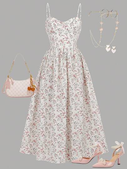 Girlism 少女碎花吊带中长连衣裙，清新粉色