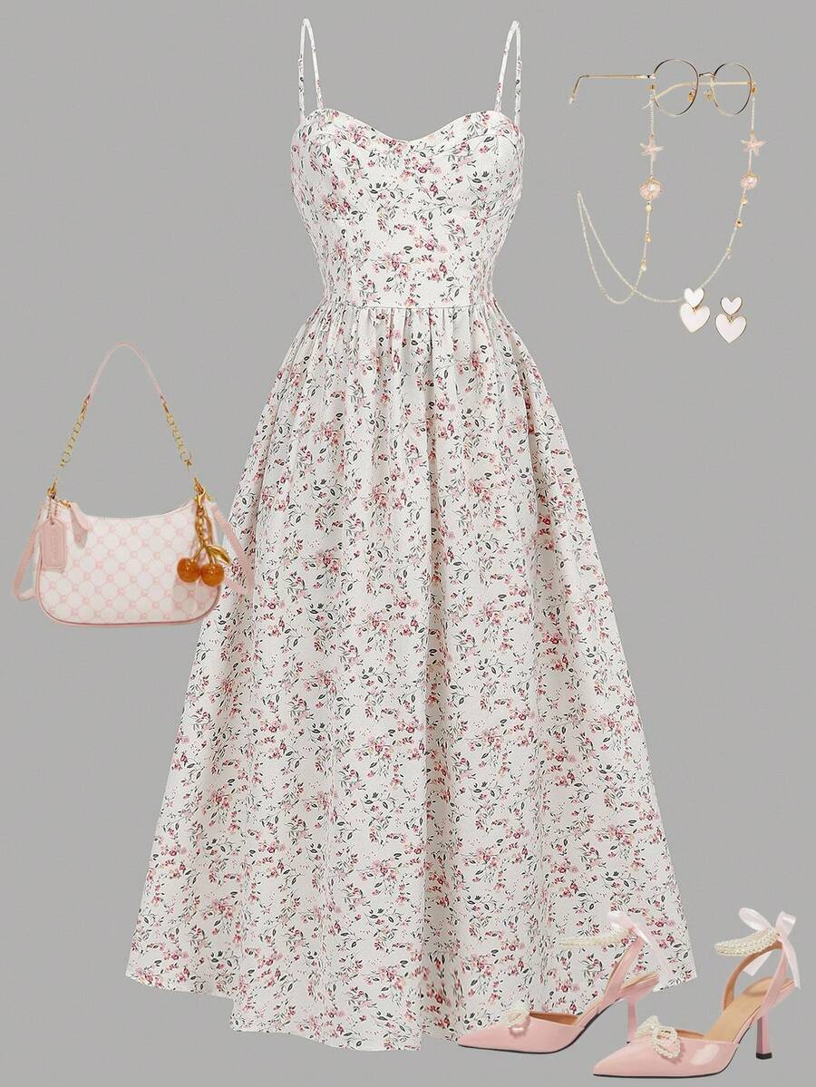 Girlism Teenager Mädchen Kleid mit Ditsy Blumen Muster, Spaghettiträger, knielang, frisches Pink - Verschiedenfarbig - Übersicht 1