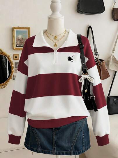 Lalippa 女士撞色条纹印花拉链 Polo 领长袖休闲卫衣