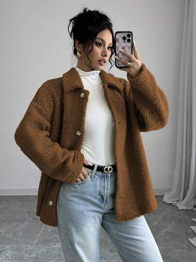 Elenzga 女士纯色极简长袖仿毛领外套