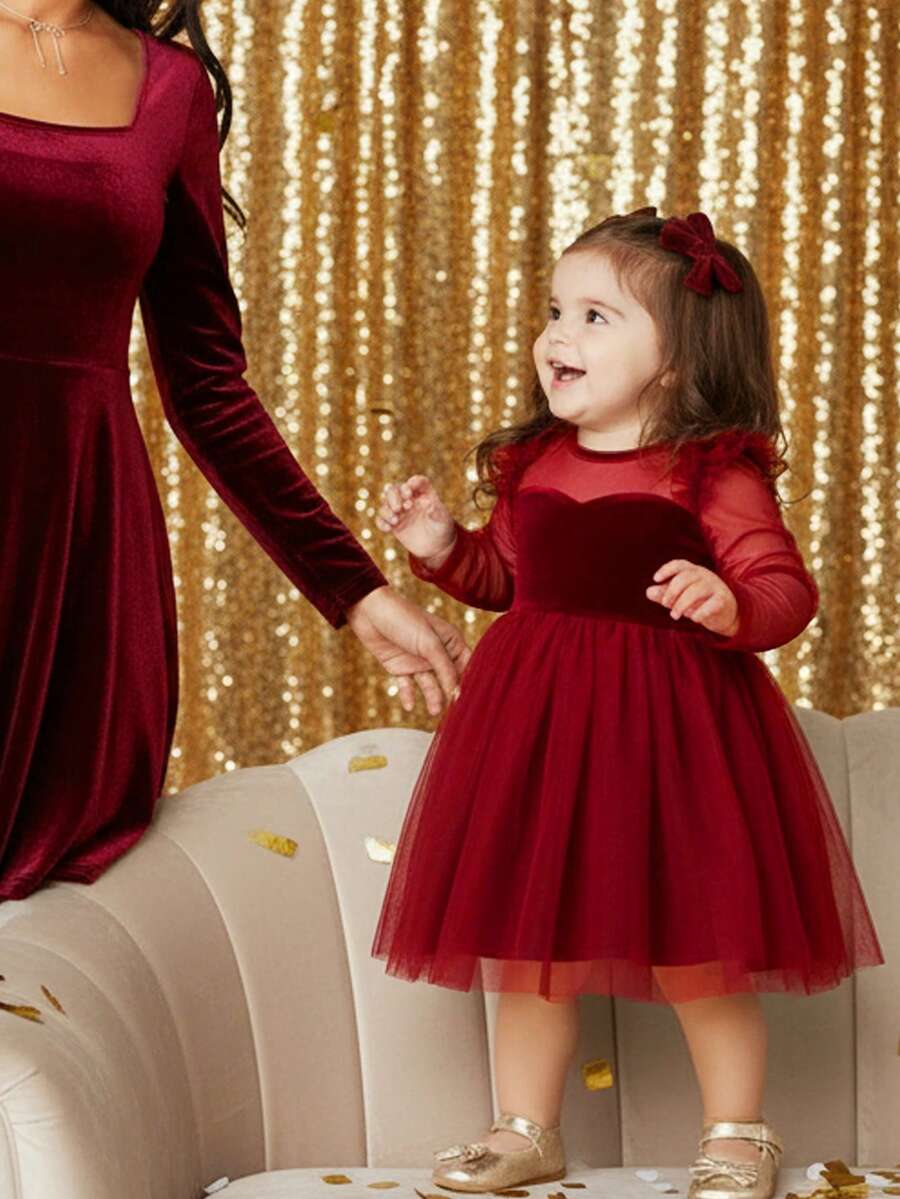 优雅酒红色天鹅绒网纱拼接长袖连衣裙，适合女婴 - 酒紅色 - 查看 1