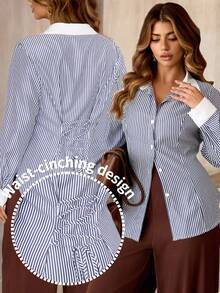 Roveilla Plus Size Women's New Adjustable Cinched Waist Design Contrast Color Long Sleeve Striped Shirt, Elegant French Style Casual Versatile Blouse - Multicolor - View 1