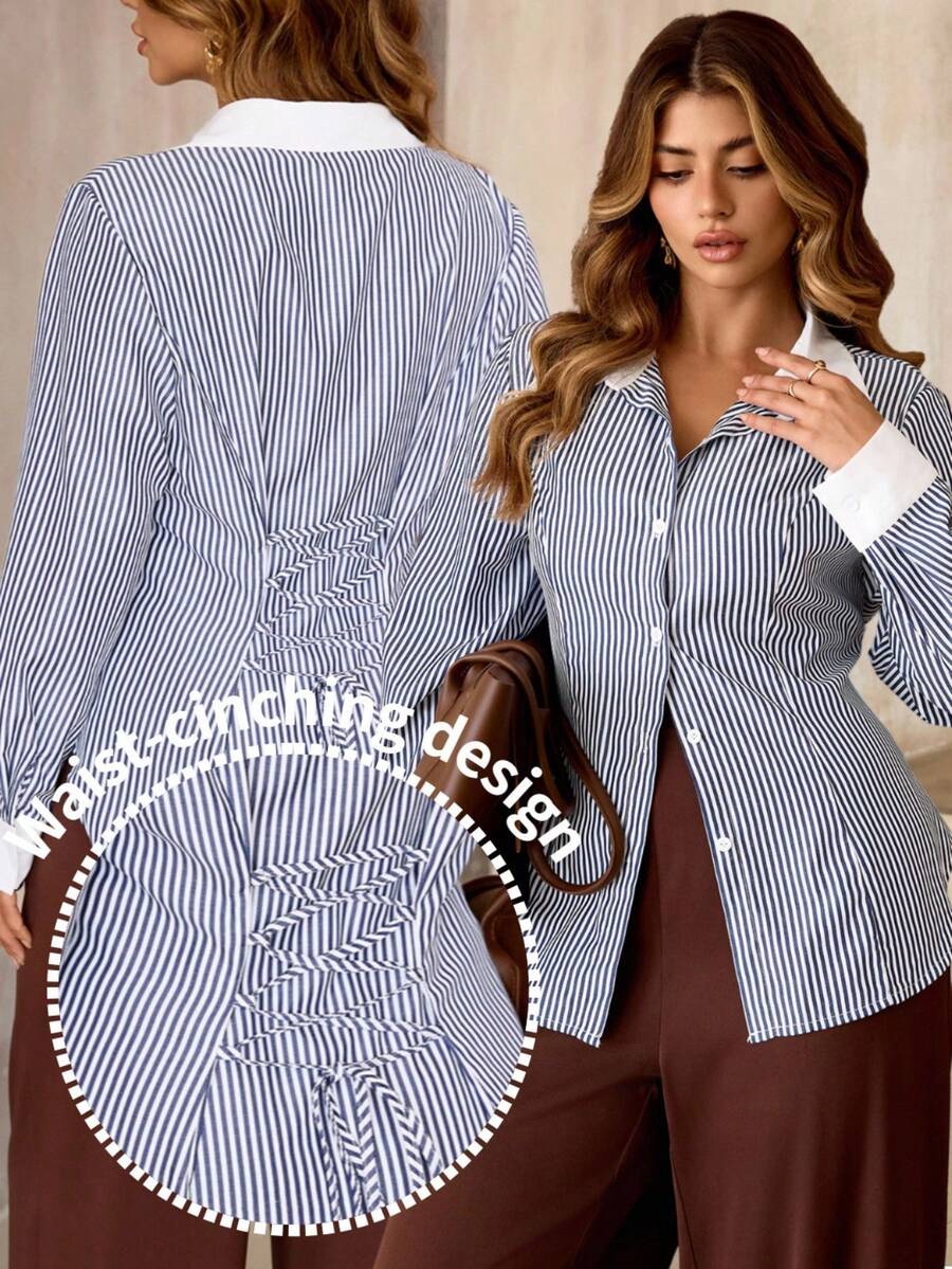 Roveilla Plus Size Women's New Adjustable Cinched Waist Design Contrast Color Long Sleeve Striped Shirt, Elegant French Style Casual Versatile Blouse - Multicolor - View 1