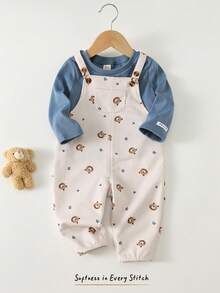 Cozy Pixies 2件套男婴纯色袖口针织装饰柔软圆领长袖套头衫和背带裤套装，可爱休闲日常穿搭 - 彩色 - 查看 4