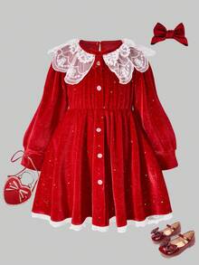 Glamorique Kids Girls' Autumn/Winter Velvet Lace Trim Rhinestone Embellished Long Sleeve Dress, Elegant Red, Soft & Comfortable, Suitable For Parties, Birthdays, Christmas, Versatile For Various Occasions, Regular Thickness, Autumn/Winter