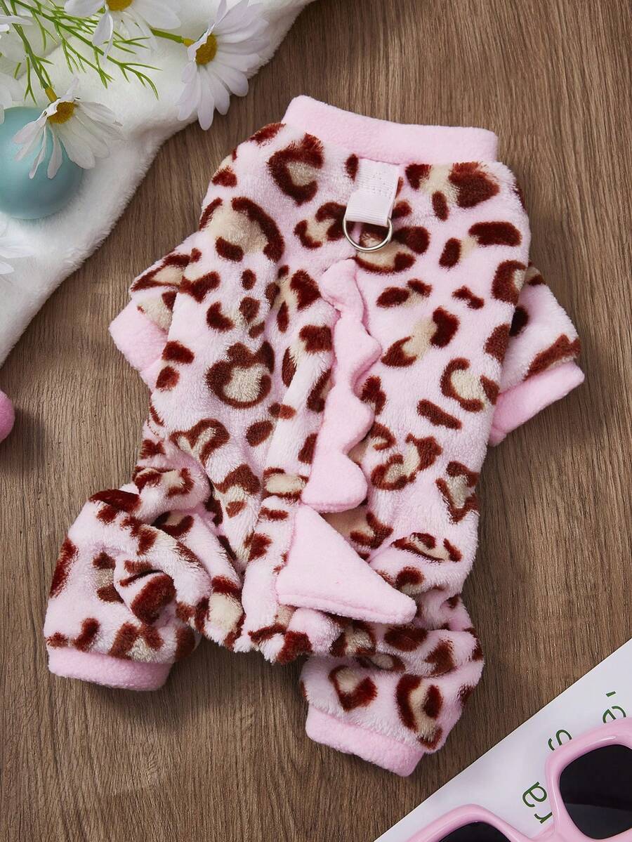 PETSIN 1件粉色豹纹恐龙带牵引扣宠物连体衣秋冬法兰绒加厚保暖四足衣服 - 粉色 - 查看 1