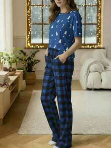 2 piezas Conjunto de pijama de mujer con estampado de renos navideños y cuadros rojos de manga larga, detalles acogedores y elegantes, ropa de otoño
SKU: si25081831362637186 - Azul - Ver 2