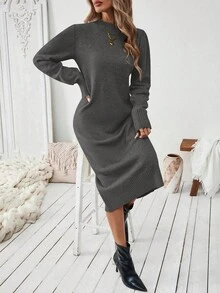 EMERY ROSE Women's Crew Neck Straight Knit Sweater Dress, Casual Versatile Everyday Wear, Suitable For All - Dark Grey - View 4