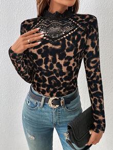 SHEIN Frenchy 女士撞色蕾丝豹纹立领长袖连体衣 - 黑色 - 查看 4