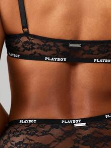 Missguided x Playboy Floral Lace Bralette And Cheeky Panty Set With Elastic Waistband Lingerie Collection Intimate Apparel - Black - View 4