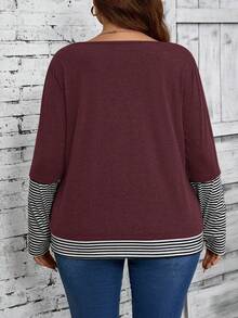 EMERY ROSE 大码女式纯色条纹拼接圆领宽松休闲长袖T恤，秋季女装 - 酒紅色 - 查看 2