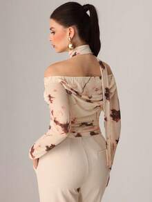 Modelyn Autumn Knitted Sexy Sheer Mesh Ribbon Print T-Shirt - Multicolor - View 3