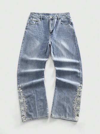 Street Life Jeans casuales holgados de pierna ancha con bolsillo bordado con flores para hombre