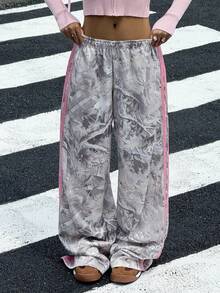 SHEIN Tween Girls Grey Leaf Print Patchwork Drawstring Sweatpants