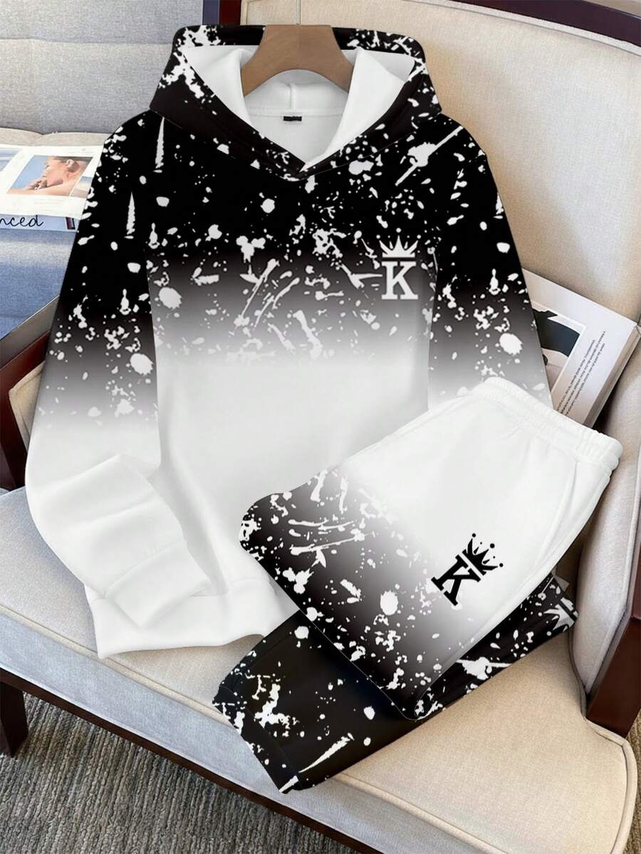 Manfinity Joysei Bộ 2 quần áo hoodie và quần nỉ ombre thường ngày cho nam, trang phục mùa thu - trắng - Xem 1