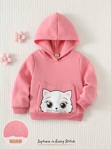 Cozy Pixies 女婴粉色卡通猫咪图案口袋针织柔软长袖卫衣，秋冬款 - 藕粉色 - 查看 3