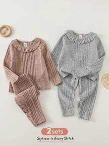 Cozy Pixies 4pcs Baby Girl Solid Color Knit Soft Peter Pan Collar Long Sleeve Pullover Top & Elastic Waist Pants Set Baby Set Autumn Winter Season Baby Girl Knitted Outfits Baby Girl Warm Sets Two Piece Winter Outfits For Toddler Girl Knit Two Piece Toddler - Multicolor - View 3