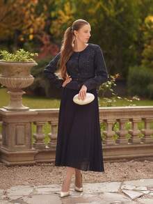 Anewsta 1pc Women's Long Sleeve 2 In 1 Pleated Hem Dress - Blue - View 7