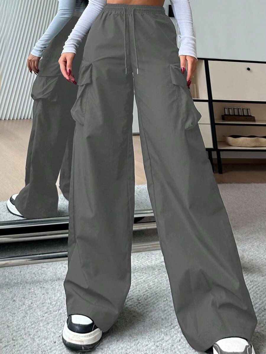 SHEIN EZwear 女士休闲纯色高腰阔腿裤 - 灰色 - 查看 1