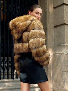 Anewsta Women's Elegant Ombre Leopard Print Faux Fur Hooded Short Jacket - Multicolor - View 2