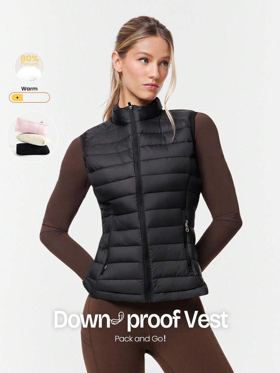 GLOWMODE Packable Thermal Warm Lined Slim Fit Reflective Logo Down Vest With Side Pockets Running Workout Winter - Black - View 1