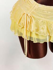 Amplova 女士蕾丝吊带两件套，性感黄色蕾丝裙搭配露背上衣 - 黃色 - 查看 6