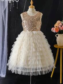 Sparklyn 女童学校派对礼服，芭蕾舞裙，2025新款儿童亮片公主裙，舒适 - 杏色 - 查看 5