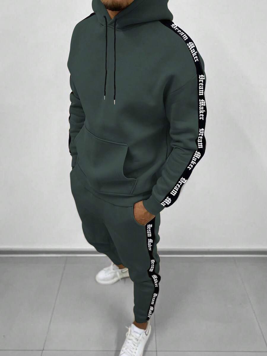 Manfinity Homme 2pcs Men's Casual Fashion Street Hoodie And Sweatpants Set, Letter Tape Kangaroo Pocket Drawstring, Warm Thermal Lined, Autumn/Winter - Dark Grey - View 1