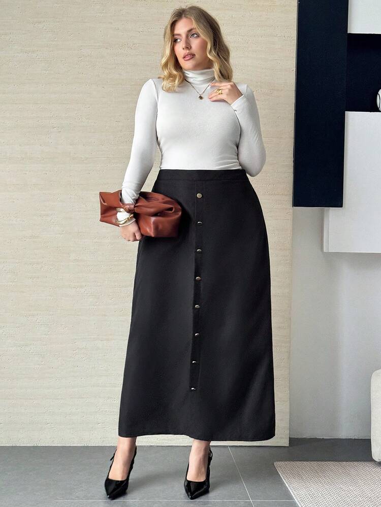 Modelyn Plus Size Women Solid Color Button Design Casual Commuter Skirt - Black - View 7