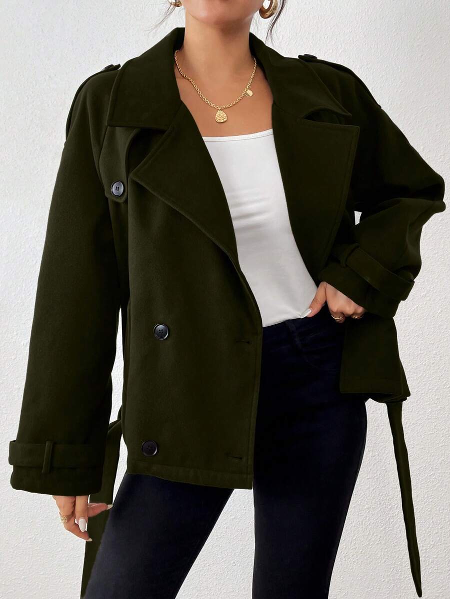 Chiquease Collared Short Utilitarian Design Casual Jacket - Army Green - View 1