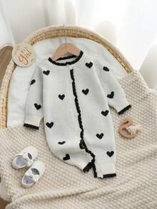 Baby Girls' Soft Knit Romper, Round Neck Long Sleeve Sweater Jumpsuit With Contrast Color Heart Pattern, Ruffled Cuff And Collar Decor, Comfortable For Autumn/Winter Indoor And Outdoor Wear Baby Fall Winter Romper Baby Sweater Jumpsuit Baby Knit Romper Button Front Baby Girl Heart Outfit Baby Knit Romper Heart Pattern - Black - View 1