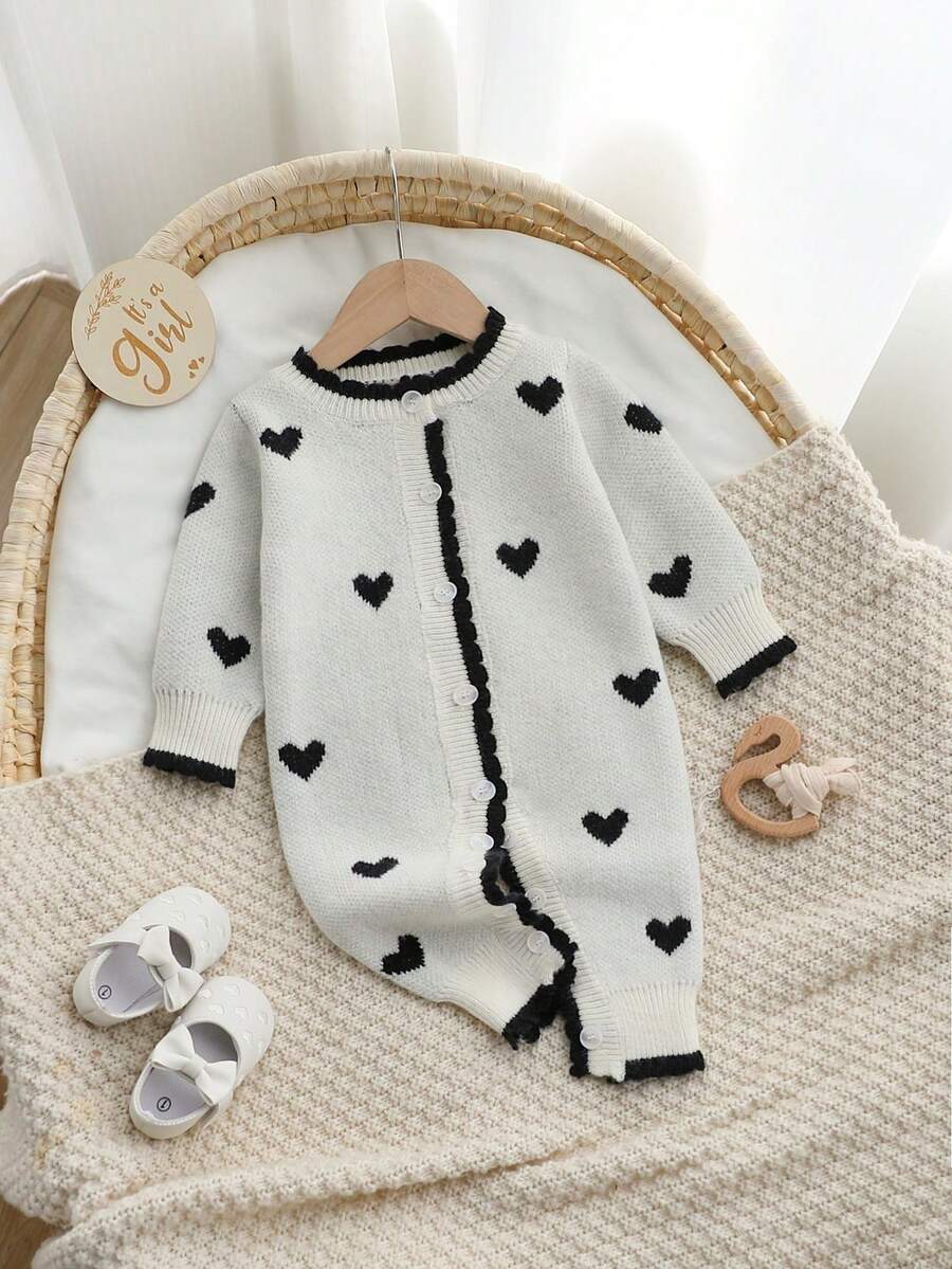 Baby Girls' Soft Knit Romper, Round Neck Long Sleeve Sweater Jumpsuit With Contrast Color Heart Pattern, Ruffled Cuff And Collar Decor, Comfortable For Autumn/Winter Indoor And Outdoor Wear Baby Fall Winter Romper Baby Sweater Jumpsuit Baby Knit Romper Button Front Baby Girl Heart Outfit Baby Knit Romper Heart Pattern - Black - View 1