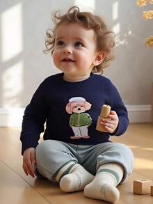 SHEIN Playful Pals Baby Boys Cute Cartoon Bear Round Neck Long Sleeve Regular Knit Sweater, Suitable For Spring, Autumn And Winter Baby Knitwear Baby Boy Sweater Knitted Sweater Baby Jumper Toddler Sweater Baby Clothes Boy Baby Boy Jumper Baby Sweater Sweater For Baby Boy Blueberry Baby Outfit Baby Clothes Fall Sweater Sweater With Dog Print - Royal Blue - View 7
