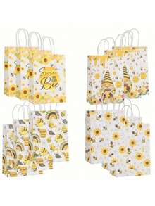 12/24 个装蜜蜂礼品袋 夏季蜜蜂纸质礼品袋 带提手 蜜蜂主题派对礼品袋 蜜蜂糖果袋 生日派对用品 返校季 情人节 - 彩色 - 查看 7